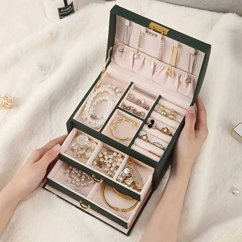 3 つの引き出しハンドヘルドジュエリーボックスイヤリングリン - Lockbox Key Secure のレビューと価格