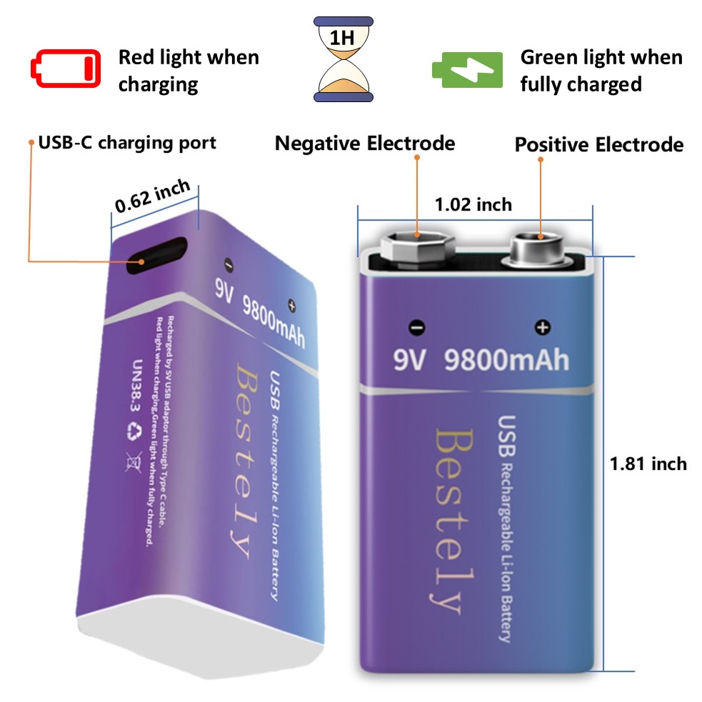 充電式9Vバッテリー、9800mAh大容量9ボルトリチウムイ - Smoke Detector Interconnected のレビューと価格